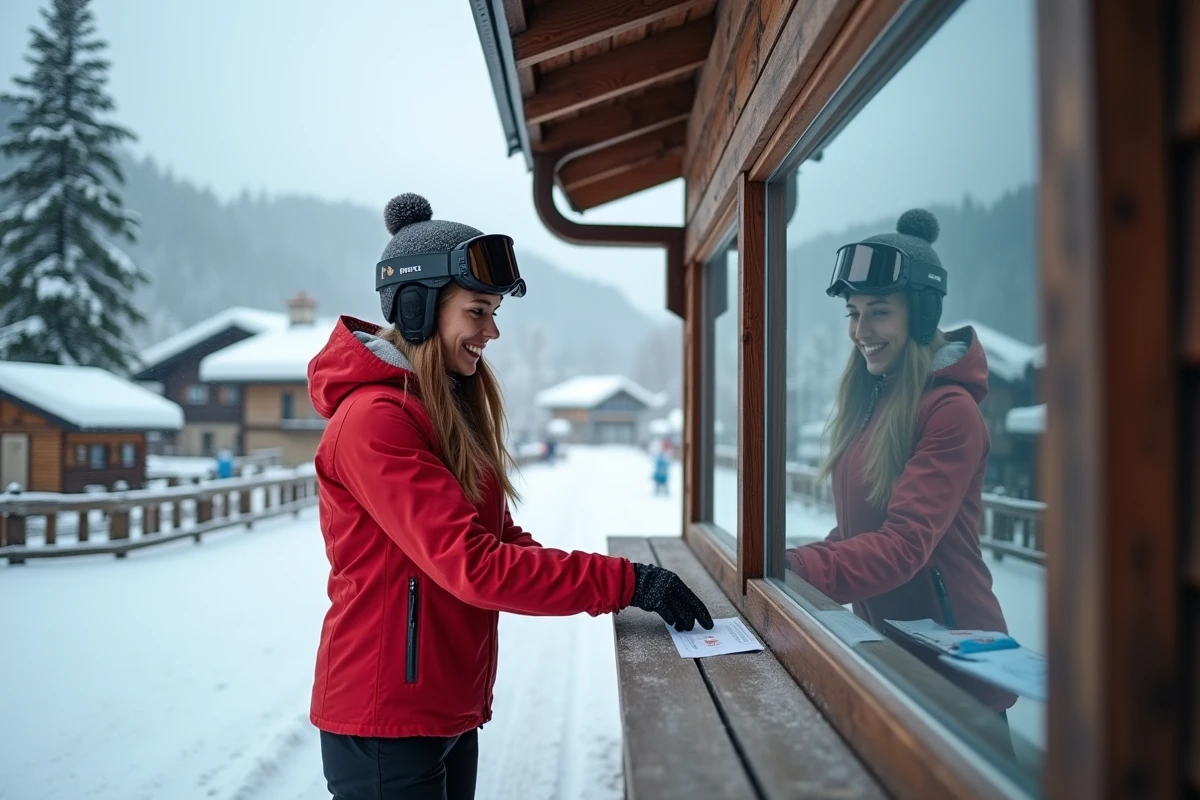 Skieuse récupérant son forfait de ski au guichet d'une station alpine proche de Villard-de-Lans