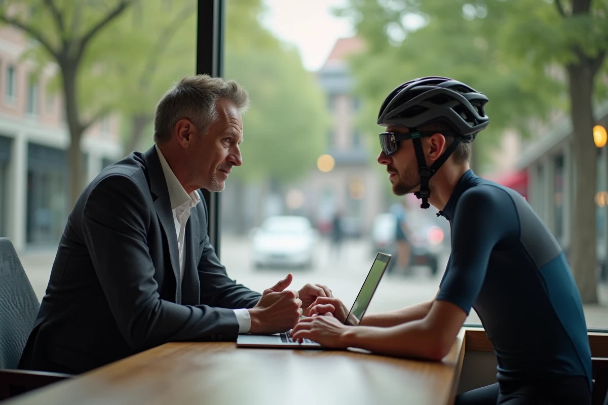 Agent sportif rencontrant un cycliste dans un café moderne