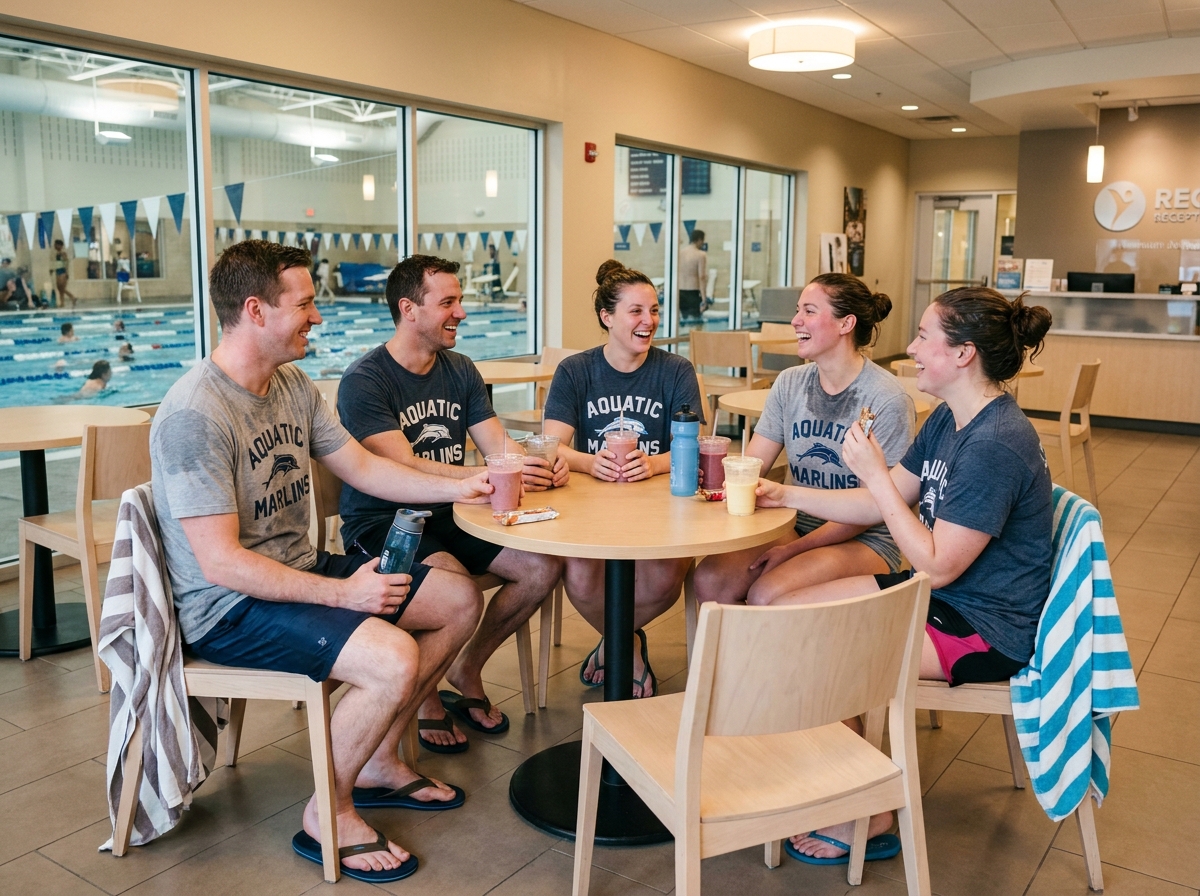 Groupe d'amis sportifs réunis autour d'une table dans le café d'un complexe aquatique après la natation