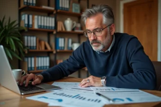 Homme analysant des programmes de courses au trot avec un logiciel d'étude sur ordinateur portable