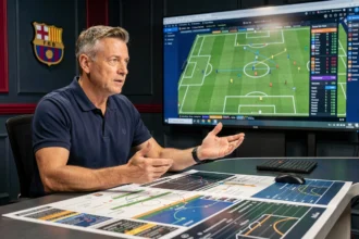Analyste football en studio TV présentant des statistiques tactiques du FC Barcelone sur écran numérique