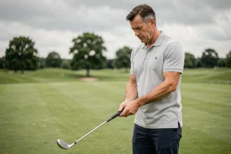 Homme adulte en tenue de golf tenant un fer 7 sur un parcours verdoyant, illustrant l'apprentissage du golf pour débutant