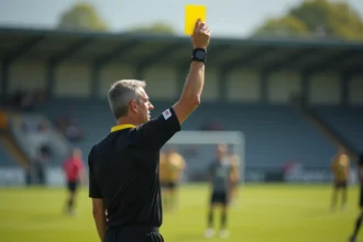 Arbitre officiel en tenue noire levant un carton jaune lors d'un match de football de district en Loire-Atlantique