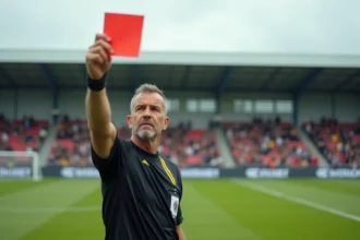Arbitre de football levant un carton rouge lors d'un match amateur en Drôme Ardèche, symbolisant la discipline et les sanctions sportives
