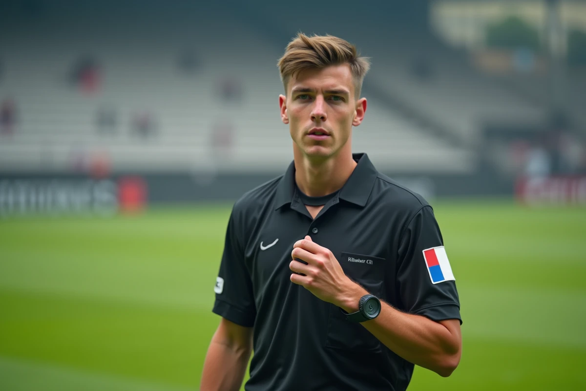 Arbitre football jeune en uniforme noir FFF 91 ajustant son sifflet