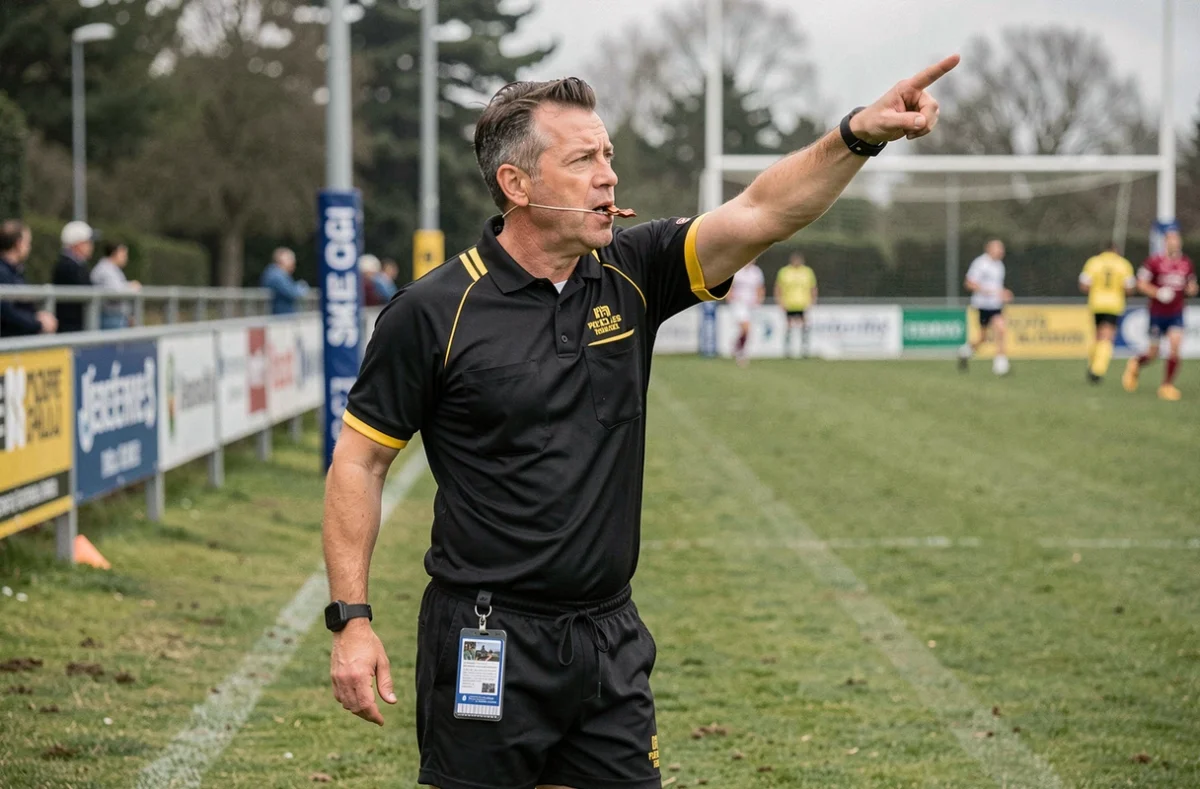 Arbitre de rugby soufflant dans son sifflet lors d'un match de Fédérale 3 en championnat régional