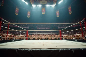 Arène de catch professionnelle vue depuis le bord du ring avec une foule en délire en arrière-plan, ambiance WCW années 90