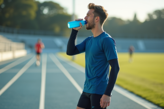 Jeune athlète homme buvant après course sur piste