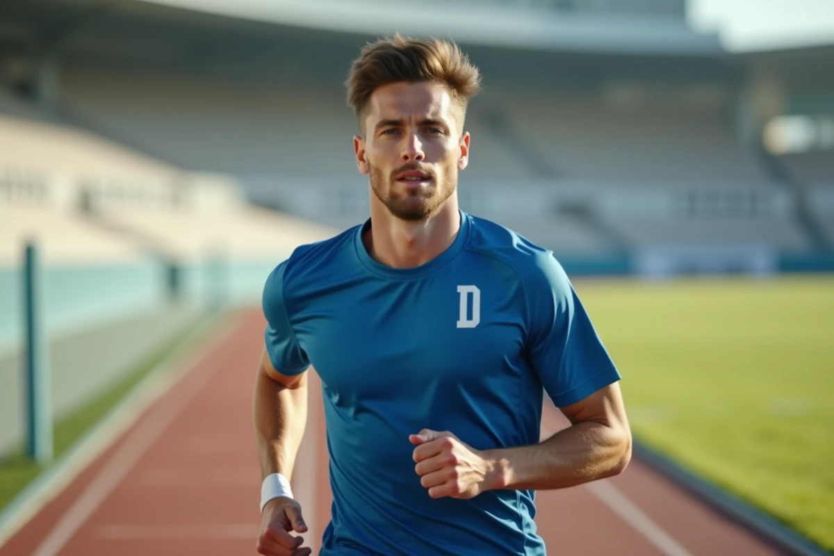 Athlète homme courant sur piste en matinée