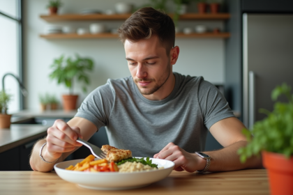 Jeune athlète mange un repas équilibré dans la cuisine