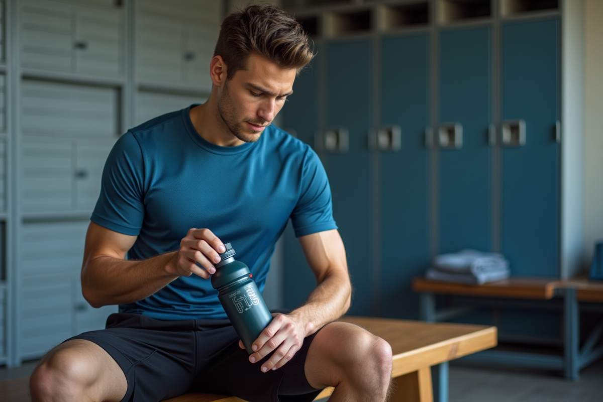 Jeune athlète en salle de sport buvant une boisson