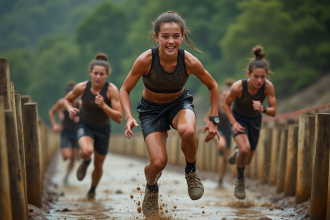 Groupe d'athlètes en pleine action dans un parcours boueux