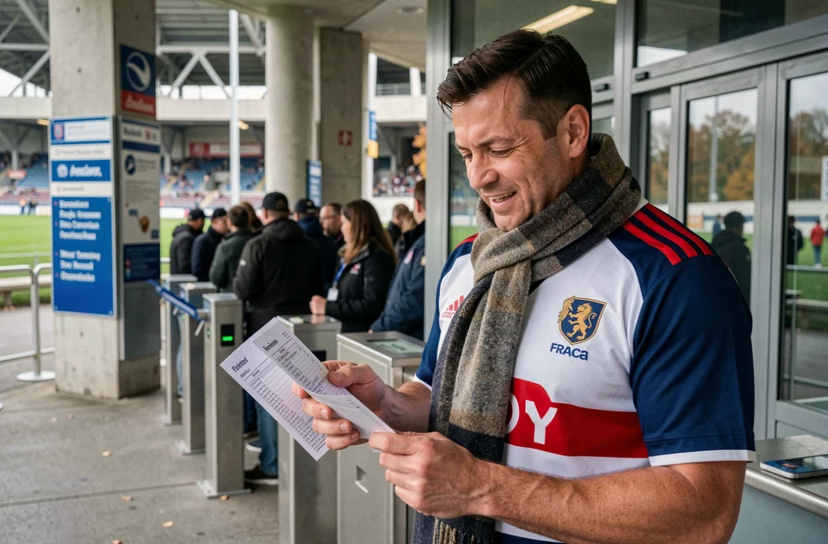 Supporter du Tournoi des 6 Nations examinant ses billets devant le guichet d'un stade de rugby