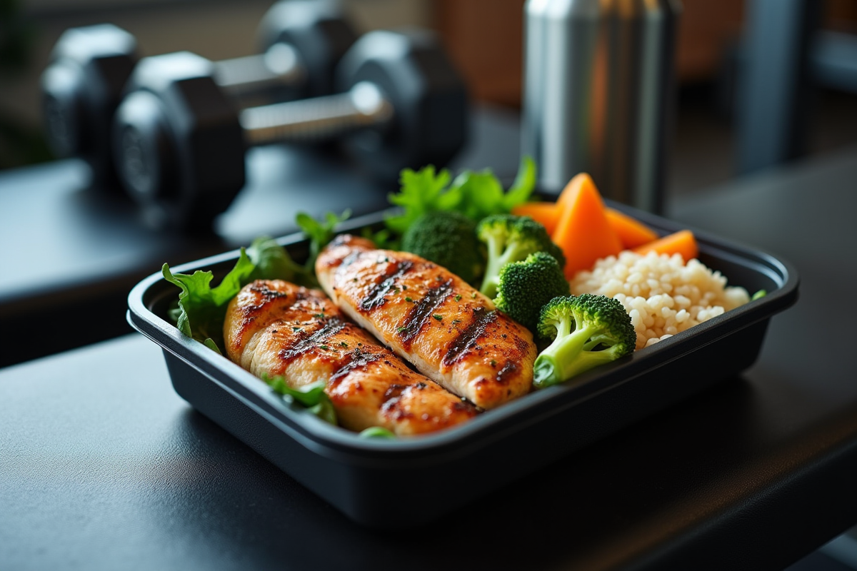 Zoom sur une boite repas riche en proteines avec poulet et riz