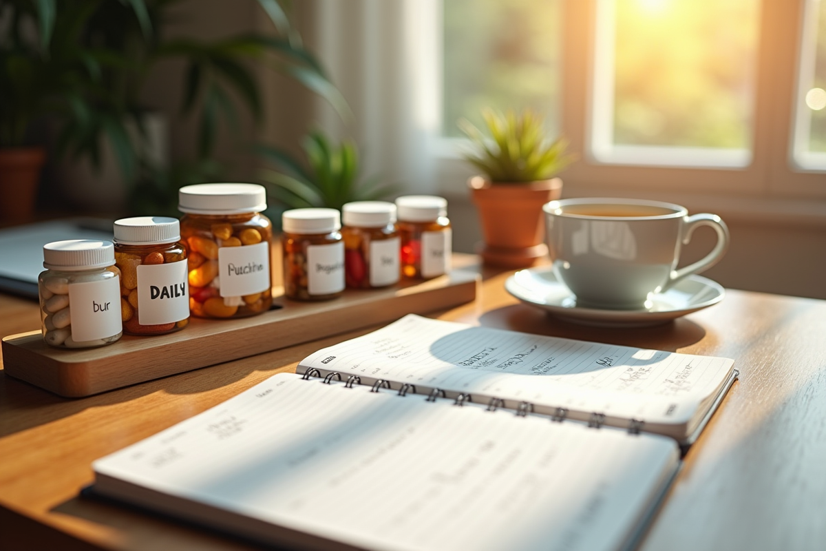 Bureau avec contenants de vitamines et journal de santé