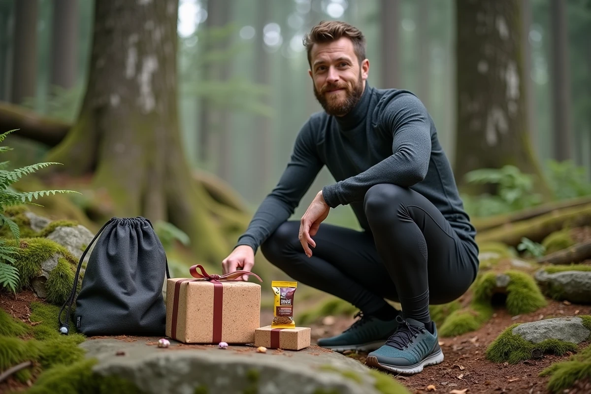 Homme sportif accroupi en forêt devant une sélection de cadeaux écologiques incluant un bloc de yoga en liège et une gourde réutilisable