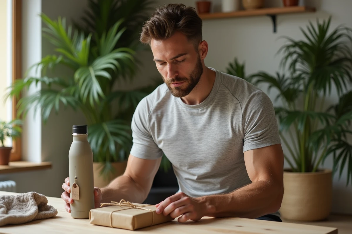 Homme sportif tenant une gourde en bambou et un kit cadeau écologique sur une table en bois dans un appartement scandinave