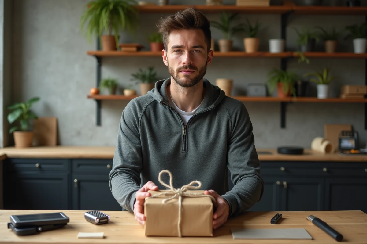 Homme emballant un kit cadeau cycliste écologique avec du papier kraft et de la ficelle en jute dans un atelier urbain minimaliste