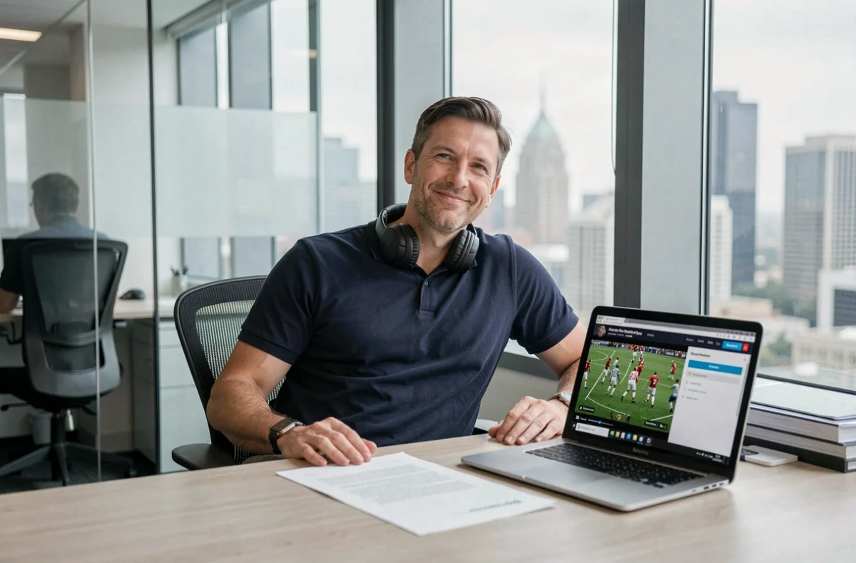 Cadre regardant le football en streaming sur son ordinateur portable dans un bureau privé
