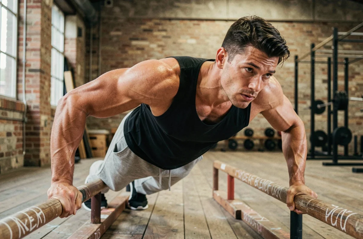 Athlète de callisthénie réalisant des dips sur barres parallèles en bois dans une salle de sport industrielle pour la prise de masse musculaire