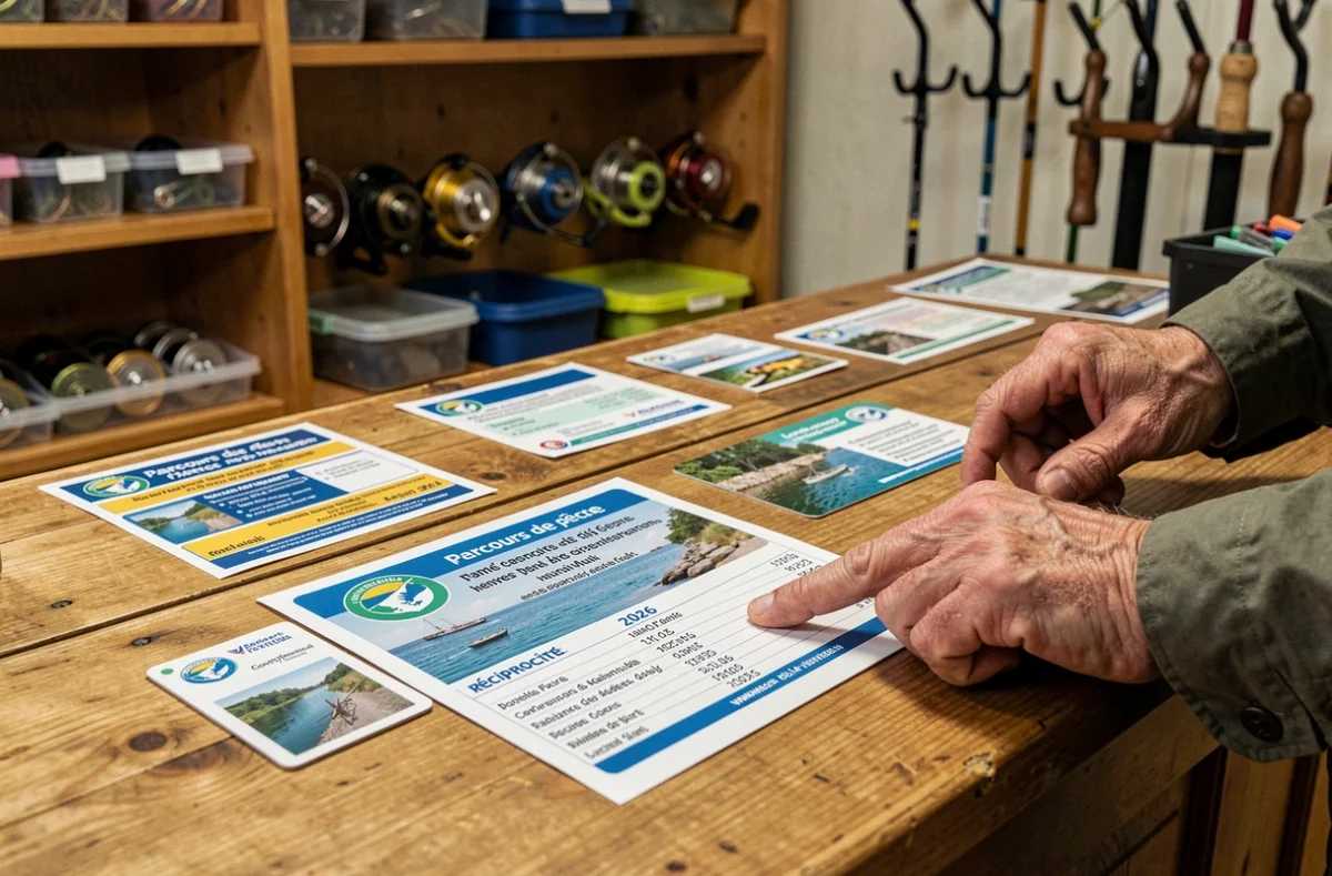 Carte de pêche 2026 et brochure tarifaire sur un comptoir de magasin de pêche
