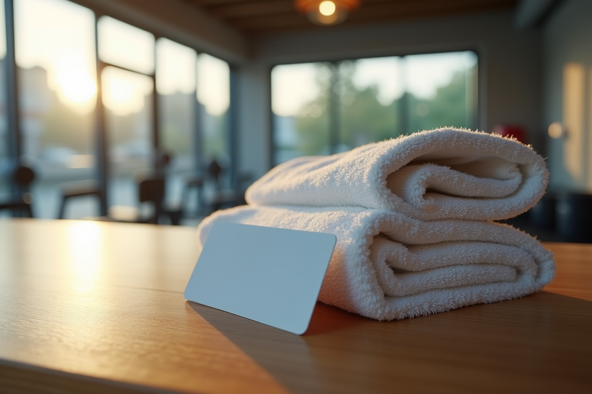 Access cards et serviette pliée sur un comptoir en bois