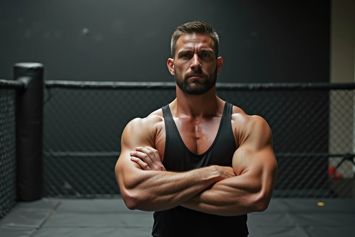 Athlète de catch imposant en tenue noire debout près d'un ring dans une salle d'entraînement, portrait 3/4 évoquant l'invincibilité d'un champion