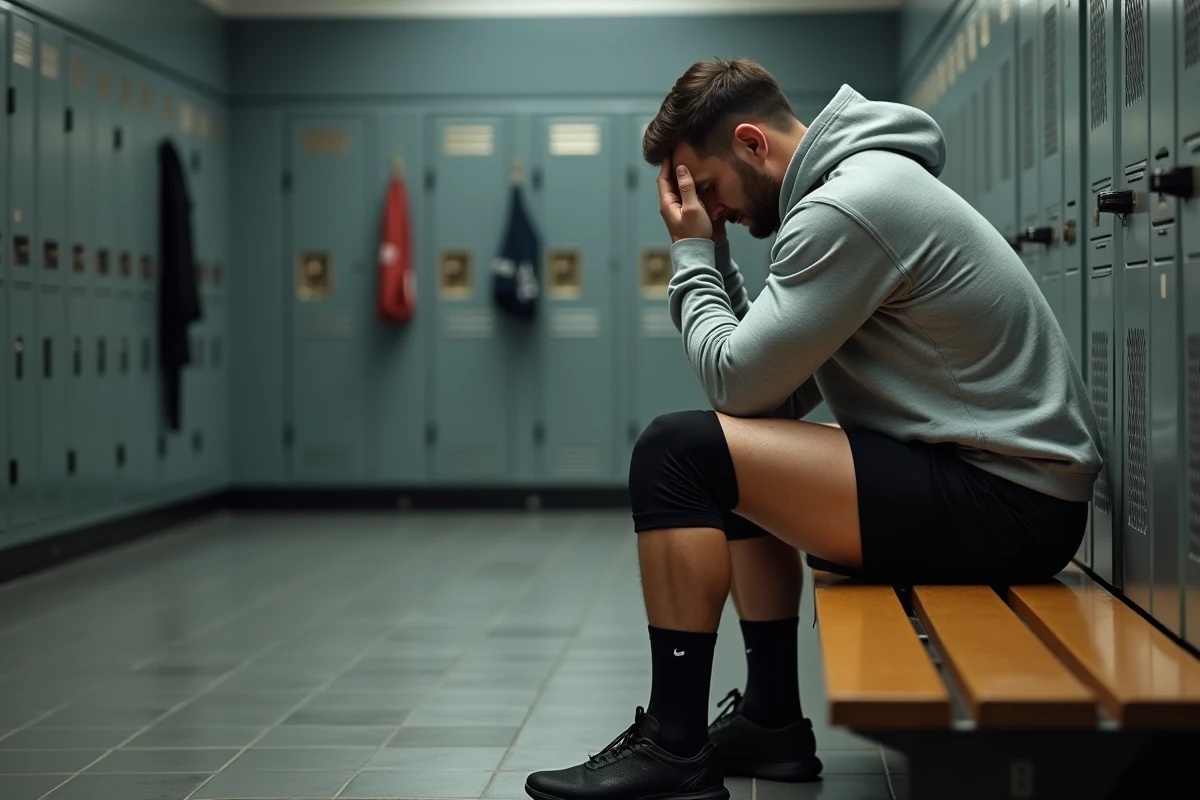 Catcheur WWE seul dans un vestiaire, posture pensive évoquant des projets de carrière abandonnés ou mis en attente