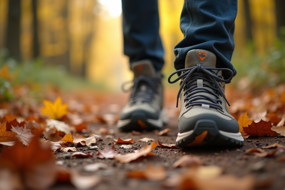 Détail de chaussures confortables sur un sentier de forêt en automne