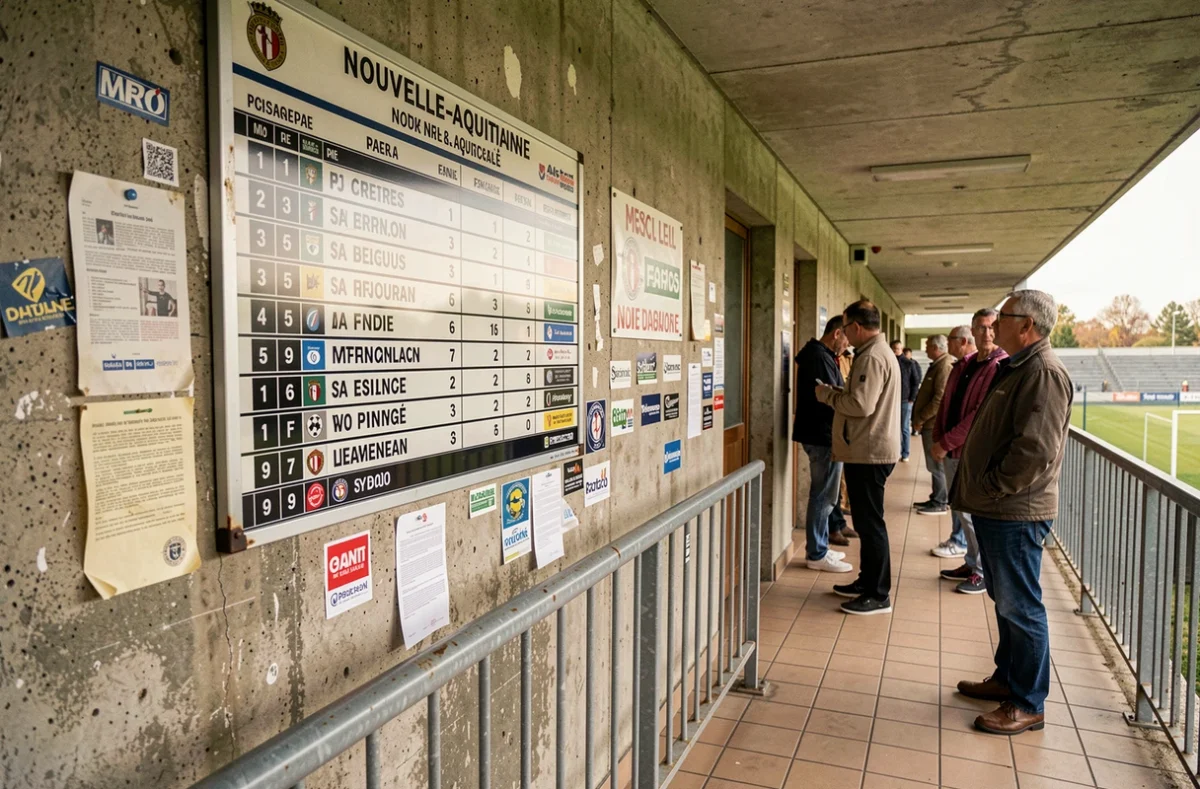 Tableau de classement affiché dans un stade de football amateur en Nouvelle-Aquitaine pour le championnat r1 2026