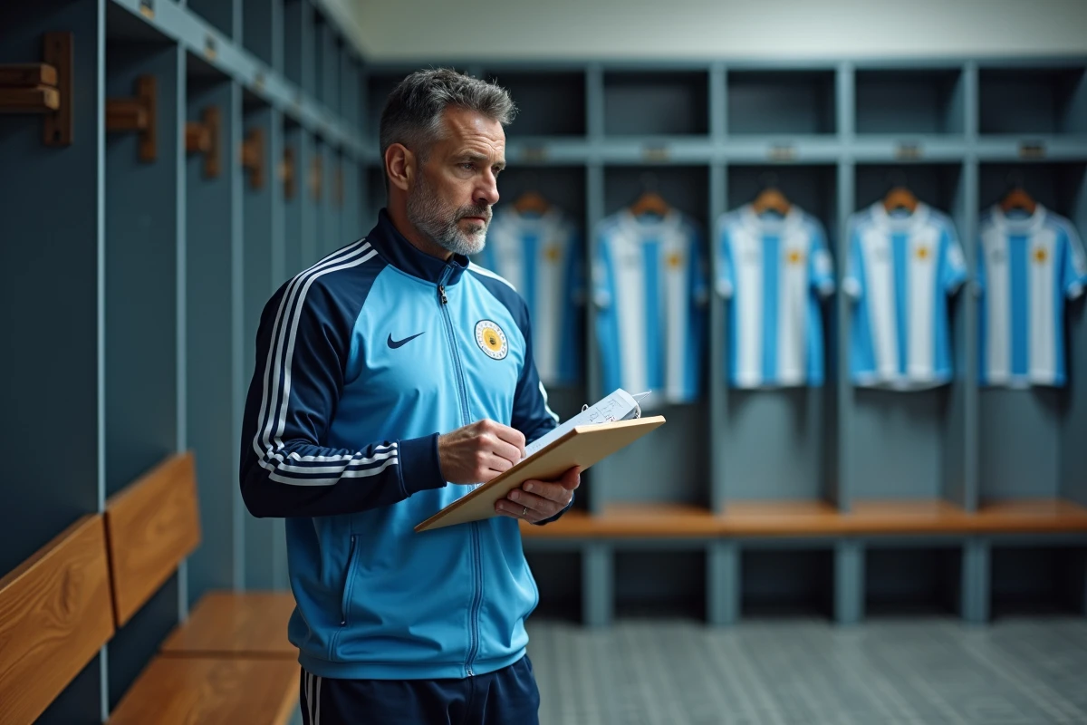 Entraineur argentin dans le vestiaire avec tableau tactique