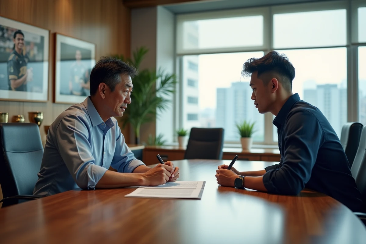 Entraineur japonais et joueur rugby discutant en intérieur