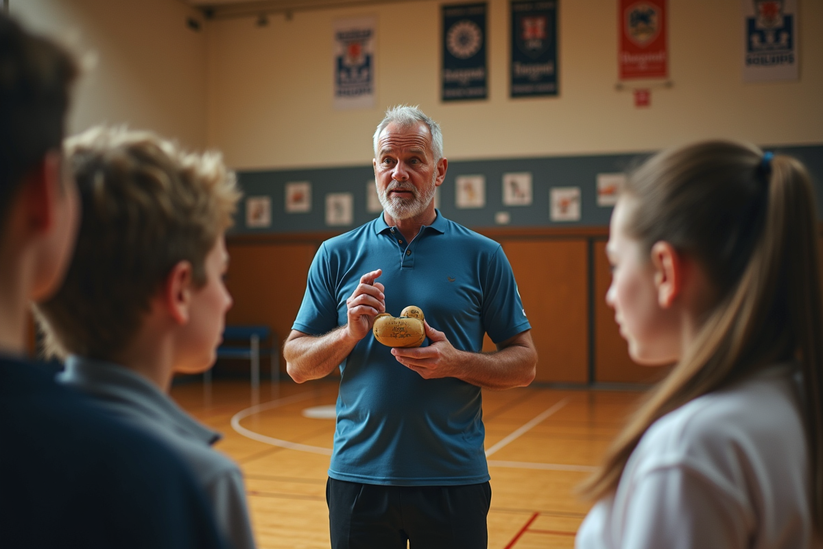 Entraineur belge expliquant un sport traditionnel aux jeunes