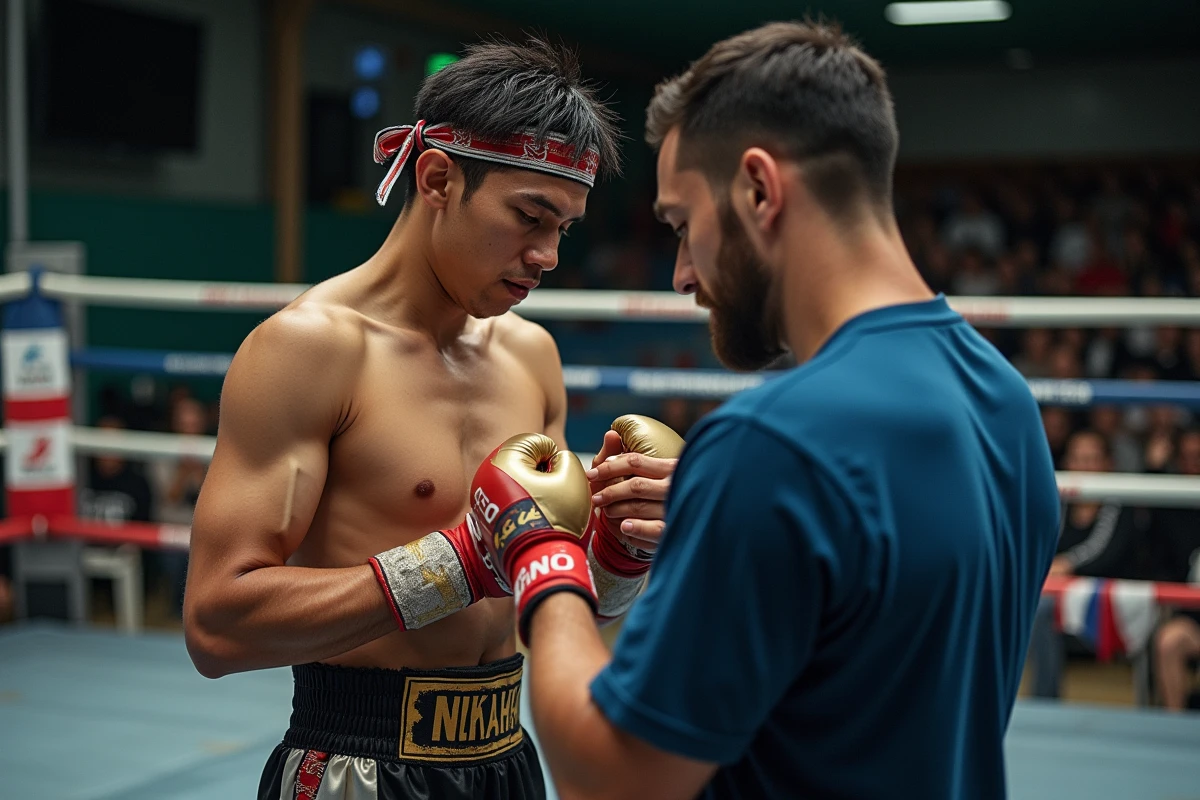 Combattant de boxe thaï en coin de ring lors d'un gala de Muay Thai en province française