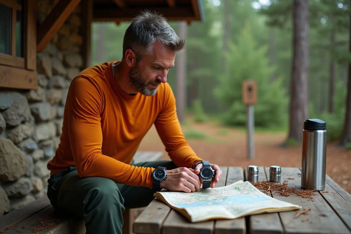 Randonneur comparant deux montres GPS sur une table de refuge forestier avec carte topographique