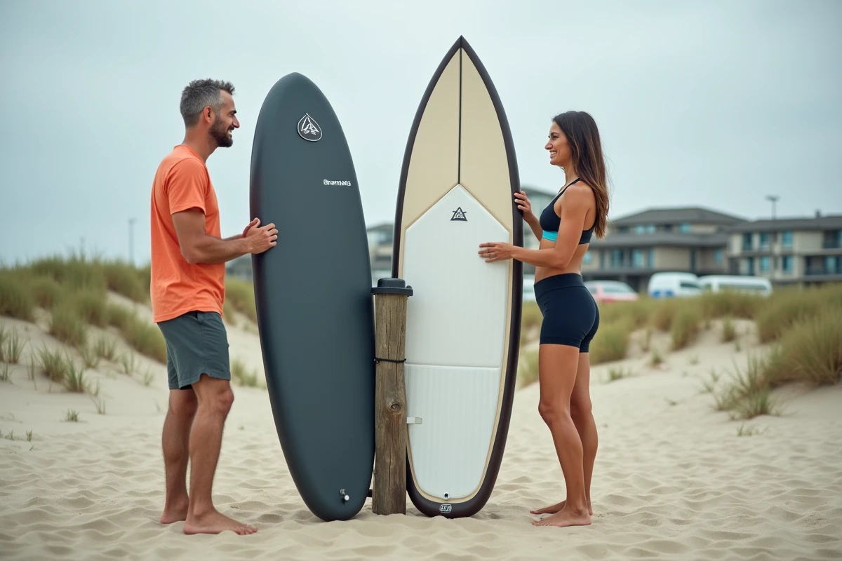 Comparaison entre un SUP gonflable et un SUP rigide posés sur une plage de sable