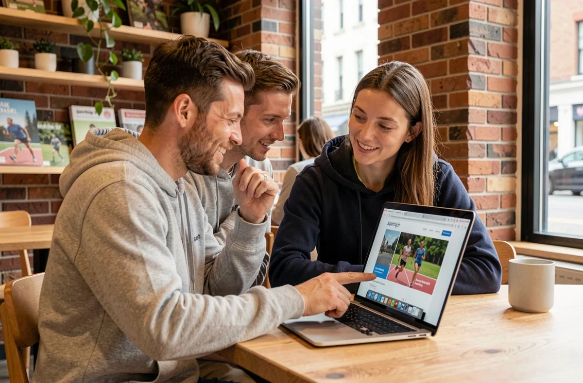 Couple consultan le site sportrip.fr sur un ordinateur portable dans un café moderne, recherche d'activités sportives à deux