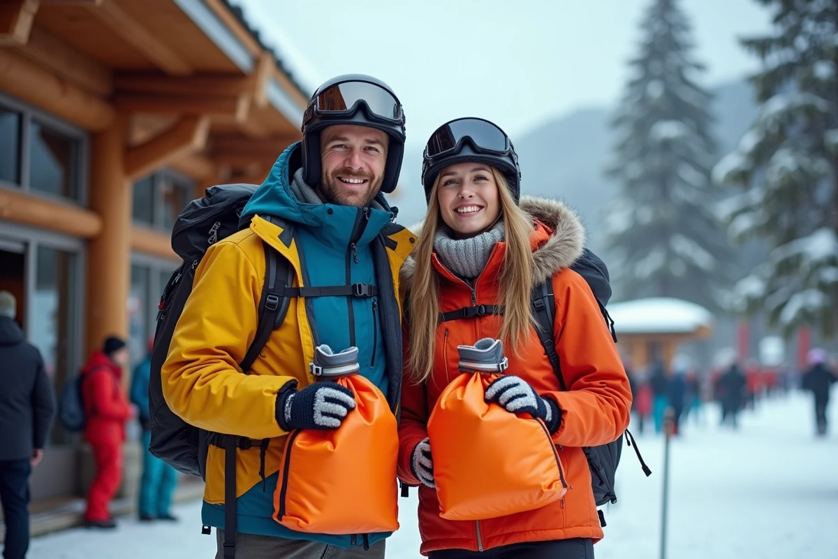 Couple récupérant leur matériel de ski loué au pied d'une station de montagne