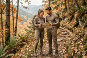 Couple actif en tenue de randonnée consultant un smartphone sur un sentier forestier automnal, illustrant la découverte de sports en duo