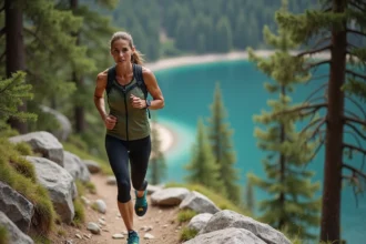 Coureuse de trail sur sentier technique rocheux autour du lac d'Annecy en tenue de trail running technique