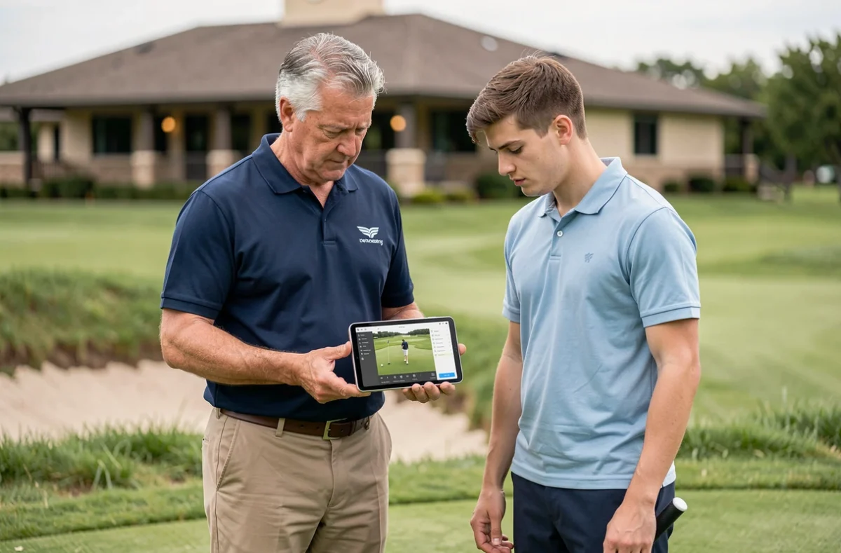 Instructeur de golf montrant une analyse de swing sur tablette à un élève débutant près du green de chipping