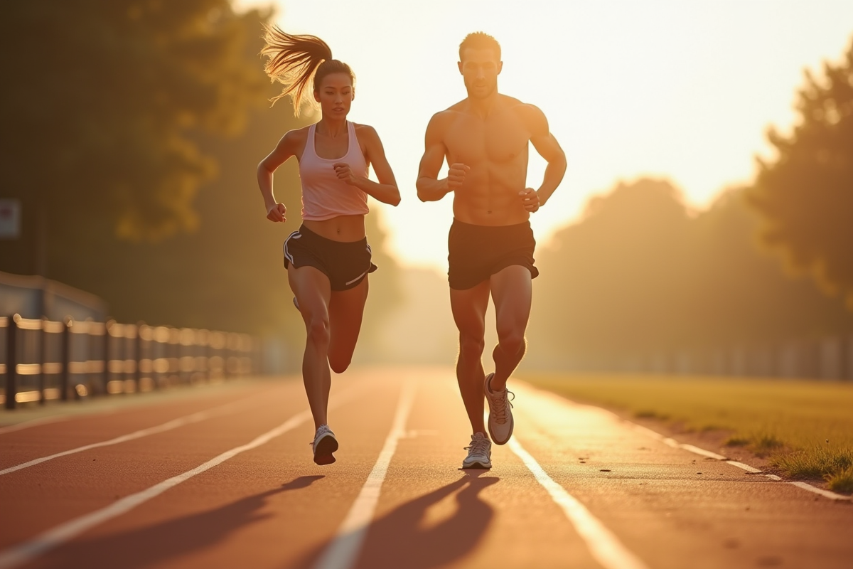 Coureurs hommes et femmes en pleine course en extérieur
