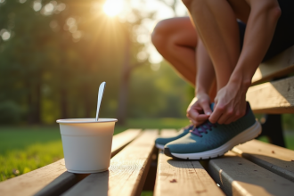 Courseur souriant attachant ses chaussures avec yogourt au parc