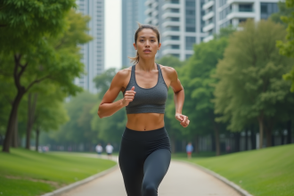 Femme en pleine course dans un parc urbain lors d'une séance HIIT
