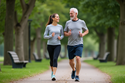 Homme et femme en course dans un parc verdoyant