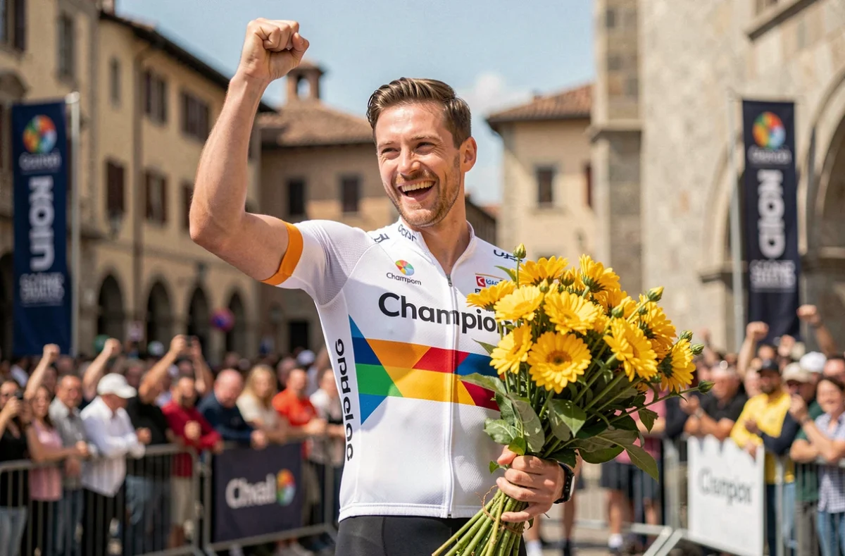 Cycliste champion sur le podium d'une grande course européenne avec bouquet de fleurs, symbolisant les victoires passées de Pogacar et ses objectifs de triplé en 2026