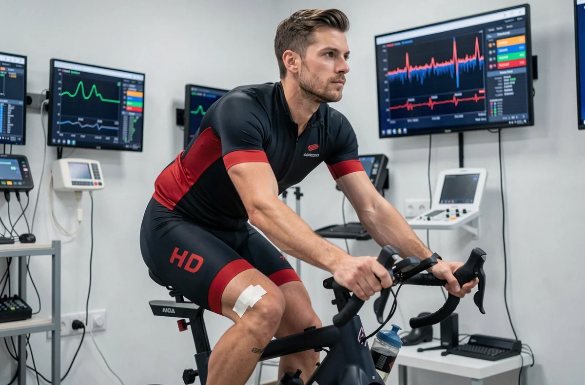 Cycliste professionnel en phase de préparation physique dans un laboratoire de performance sportive high-tech, illustrant la préparation rigoureuse pour la saison 2026 de Pogacar