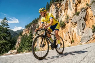 Cycliste professionnel en pleine ascension de col de montagne lors d'une grande course cycliste, évoquant les ambitions de Pogacar pour le triplé historique en 2026