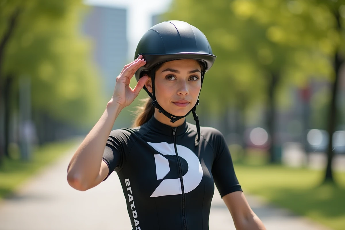 Jeune cycliste ajustant son casque en parc urbain