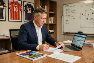 Directeur sportif du VAFC étudiant des dossiers de transfert pour le mercato 2026 en Ligue 2
